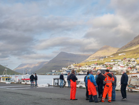 Klaksvik, Faroe Island - Sep, 2020: Fishermen are waiting for the results of the fishing competition in the city of Klaksvik on the island of Bordoy, Faroe Islands, Denmark, Northern Europe.のeditorial素材