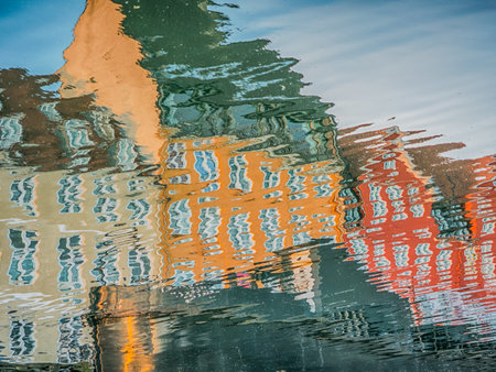 New Harbor, Copenhagen, Nyhavn, abstract view with reflection of colorful buildings in the water, Kopenhagen, Denmark, Europeの写真素材