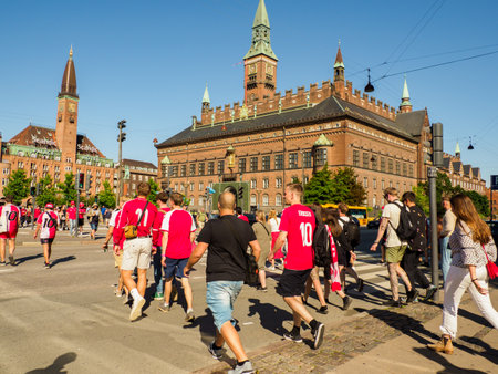 Copenhagen, Denmark - July 2021: Danish fans during the final Euro 2021 football matches. Europeのeditorial素材