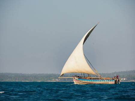 Zanzibar, Tanzania - Jan, 2021: A traditional sailing dhow ship with a huge white sail sails the blue waters of the Indian ocean near Stone Town, Africaの写真素材