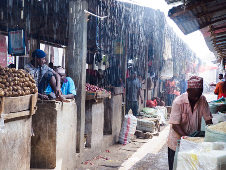 Zanzibar, Tanzania - Jan 2021: Crowds of Africans buy and sell sundries at the bazaar during the rainy day. Daily life of Africans on the island of Zanzibar, Africa.のeditorial素材