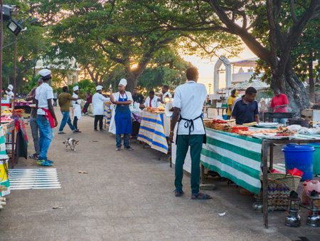 Stone Town, Zanzibar, Tanzania - January, 2021: Night Forodhani market with plenty of local food. Africaのeditorial素材