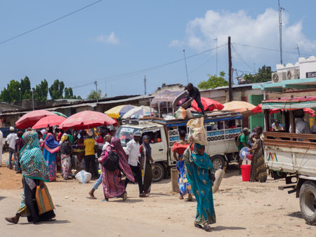 Zanzibar, Tanzania - Jan 2021: Crowds of Africans buy and sell sundries at the bazaar. Daily life of Africans on the island of Zanzibar, Africa.のeditorial素材