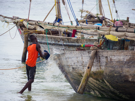 Kizimkazi, Zanzibar - Jan, 2021: A fisherman cleans a traditional wooden dhow boat standing on the ocean shore at low tide. Zanzibar, Tanzania, Africaのeditorial素材