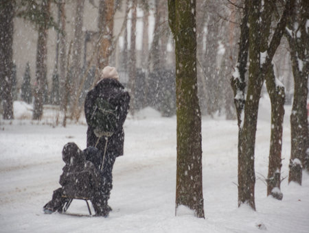 A woman with children is pulling a sledge on the way. Heavy snow is falling.の写真素材
