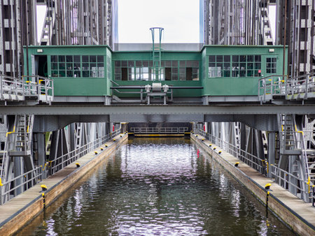 Niederfinow, Germany - Aug 2020: Niederfinow Boat Lift is the oldest working boat lift in Germany. It lies on the Oder-Havel Canal near Brandenburg. Europeのeditorial素材