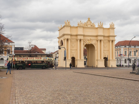 Potsdam, Potsdam, Germany - Mar 2019: Brandenburg Gate from the field side by Georg Christian Unger - is one of the three preserved gates of Potsdam.のeditorial素材