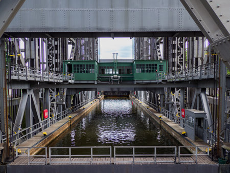 Niederfinow, Germany - Aug 2020: Niederfinow Boat Lift is the oldest working boat lift in Germany. It lies on the Oder-Havel Canal near Brandenburg. Europeのeditorial素材