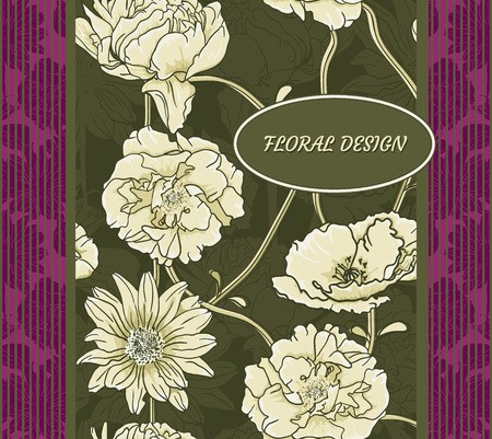 Stylish floral card with hand-drawn flowers, pastel blue background  Easy to use seamless floral patternのイラスト素材