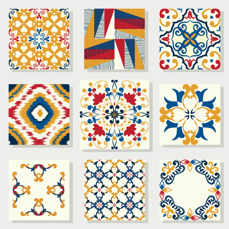 Collection of 9 ceramic tiles, blue-orange style のイラスト素材