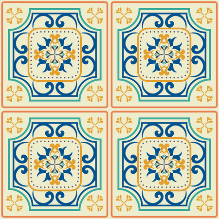 Tile pattern with classic orange-blue colored ceramic tiles.のイラスト素材