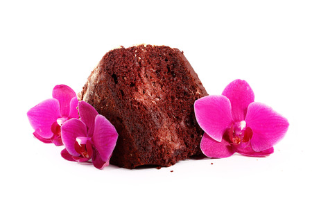 isolated chocolate chiffon cake with orchid flowerの写真素材