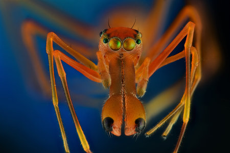 Explore the captivating world of an orange-colored ant mimicking spider on a dark blue background through our stunning stock photos. Witness the intricate details.の写真素材