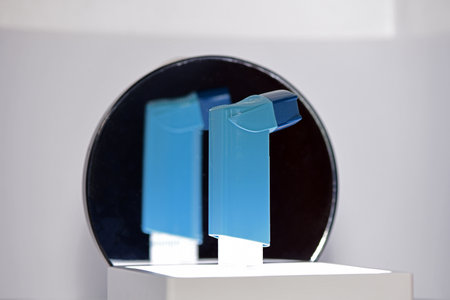 Salbutamol Inhaler which is used for the treatment of Asthma - in front of a mirror.の写真素材
