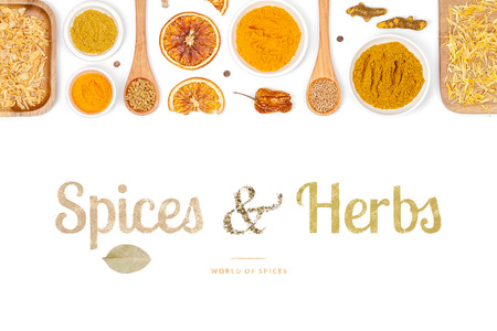 spices and herbs on white backgroundの写真素材