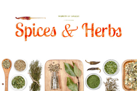 spices and herbs on white backgroundの写真素材