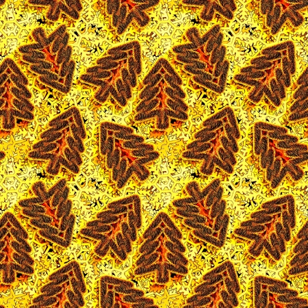 Seamless background of golden Christmas trees with golden snowflakesの写真素材
