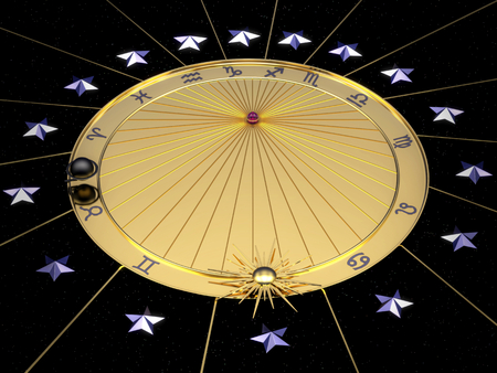 Astronomical clock in gold with zodiac signsの写真素材
