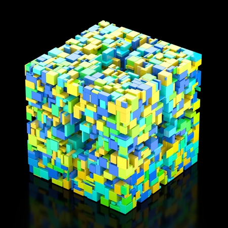 Cube assembly of small cubes, green,yellow and blue colorsの写真素材