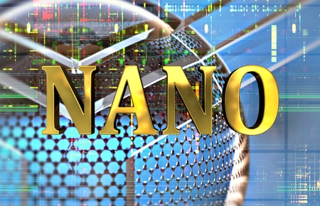 Nano word in gold with carbon structure and electronic backgroundの写真素材