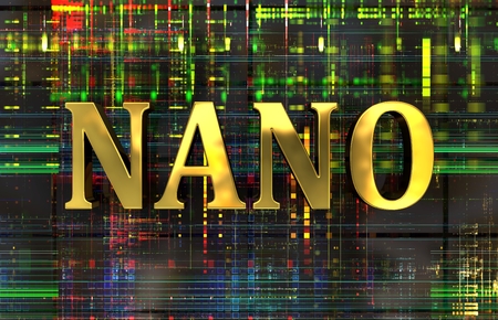 Nano word in gold with electronic backgroundの写真素材