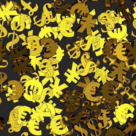 Seamless texture of golden Dollar, Euro, Pound Sterling and Yen currenciesの写真素材