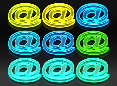 9 glassy e-mail symbols, green, yellow and blue neon lightの写真素材