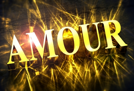 Golden 'AMOUR' word in french with caustic - translation for 'LOVE'の写真素材