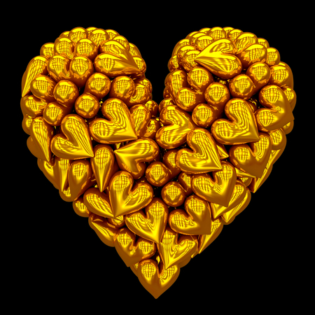 A heart made of golden hearts on black backgroundの写真素材