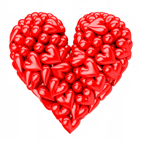 A heart made of small white plastic hearts on white backgroundの写真素材