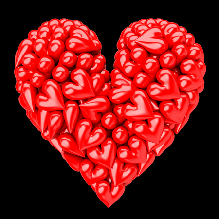 A heart made of small red plastic heart on black backgroundの写真素材