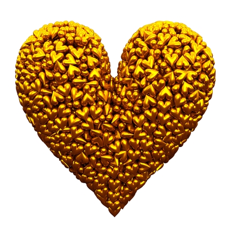 A heart made of tiny golden hearts on white backgroundの写真素材
