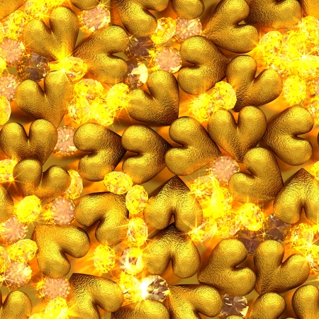 Seamless background of golden hearts and shiny yellow diamondsの写真素材