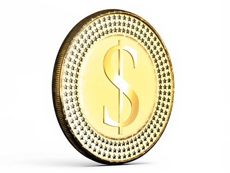 Close-up on a coin coin in gold on white backgroundの写真素材