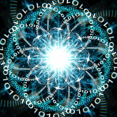 Concept of quantum computer running with qubits and blue wavesの写真素材
