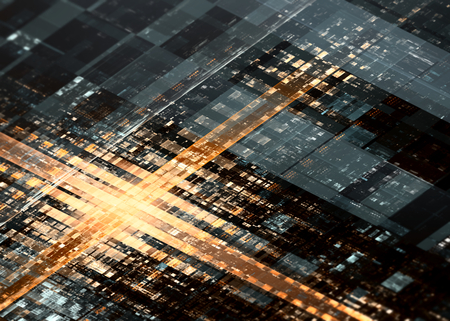 Quantum computing background, electronic circuit boards design with fractal cellsの写真素材