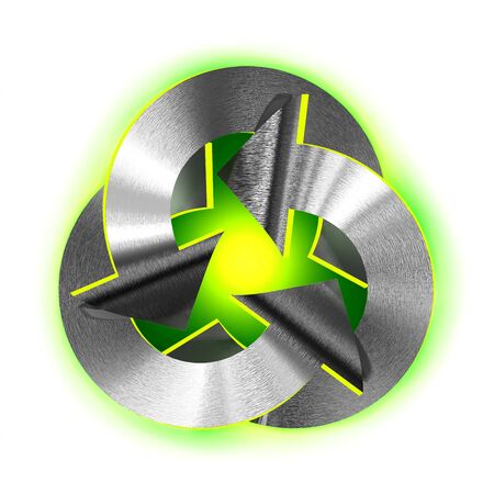 Metallic recycling symbol emitting green light on white backgroundの写真素材