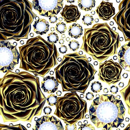 Seamlessly loopable composition of golden roses flowers and diamondsの写真素材