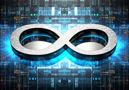 Infinity symbol in brushed metal emitting blue light on an electronic backgroundの写真素材