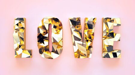 The word LOVE in gold material made with lowpoly shapes, on pink diffuse backgroundの写真素材