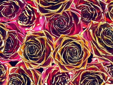 Background of red and golden glossy roses with depth of fieldの写真素材