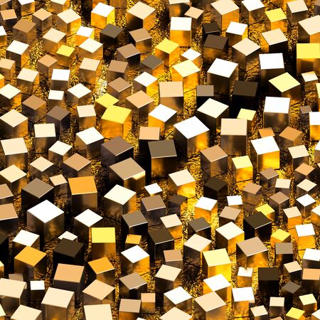 Background of small golden decorative metallic cubesの写真素材