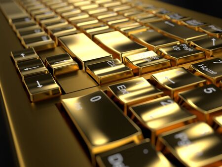 Close-up on a golden keyboard with black background, with depth of fieldの写真素材