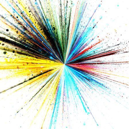 Explosion of yellow, black, blue and red paints on white backgroundの写真素材