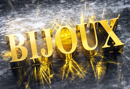 The french word BIJOUX, translation for JEWEL, in gold material shining with golden caustic lightsの写真素材