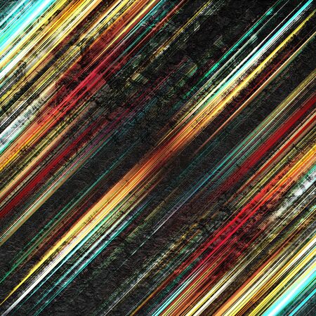 Decorative and metallic striped lines on a rough and black glossy background, red orange and turquoise colored linesの写真素材