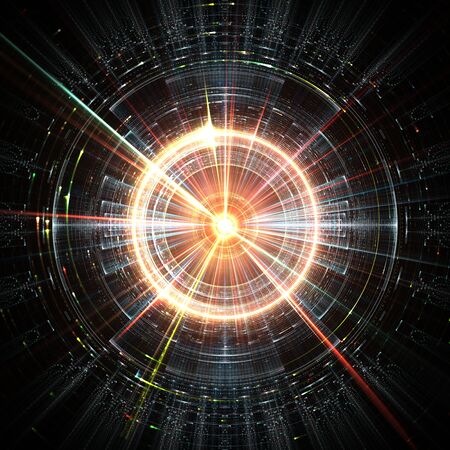 Mathematical concept of a futuristic computer, artificial intelligence concept with colorful particlesの写真素材