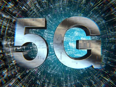 The 5G word in metallic material in a tunnel, surrounded by fast moving data particlesの写真素材