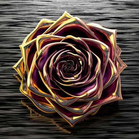 Close-up on a golden rose with pink reflections on a striped glossy and dark backgroundの写真素材