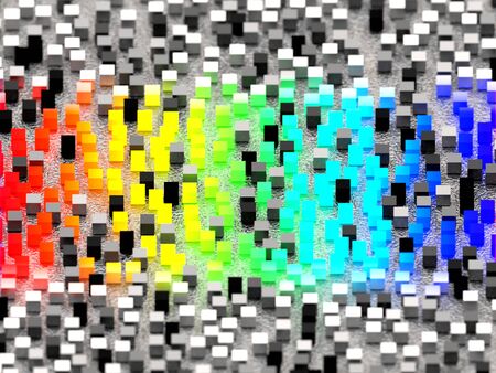 Close-up on a group of rainbow colored little metallic cubes with depth of fieldの写真素材